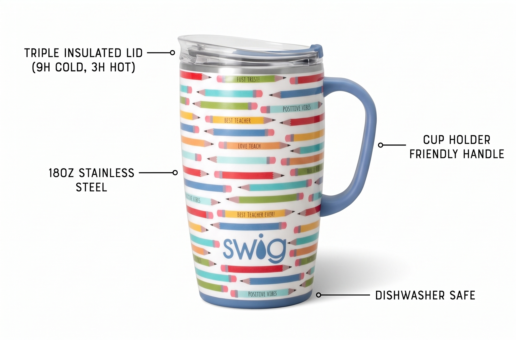 Swig Life 18oz Travel Mug, Insulated Tumbler with Handle and Lid, Cup Holder Friendly, Dishwasher Safe, Stainless Steel, Teacher Gift (Teacher Life)