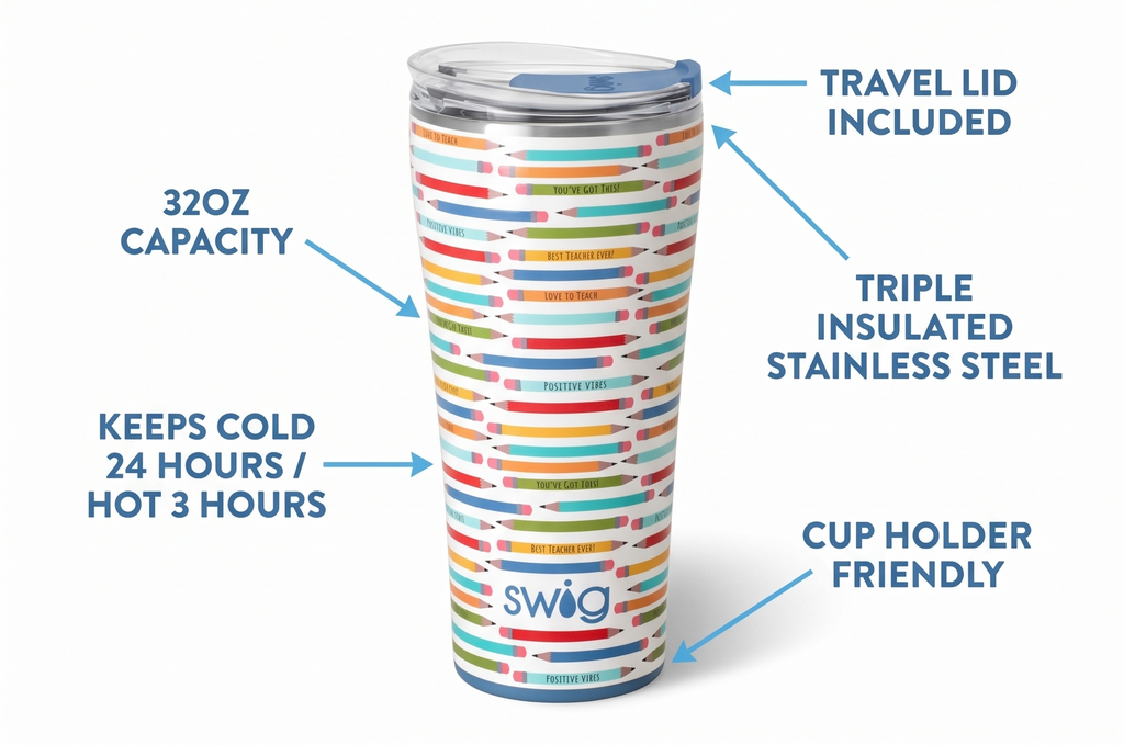 Swig Life 32oz Insulated Tumbler, Travel Coffee Tumbler with Lid, Cup Holder Friendly Travel Coffee Mug, Stainless Steel with Lid (Teacher Life)