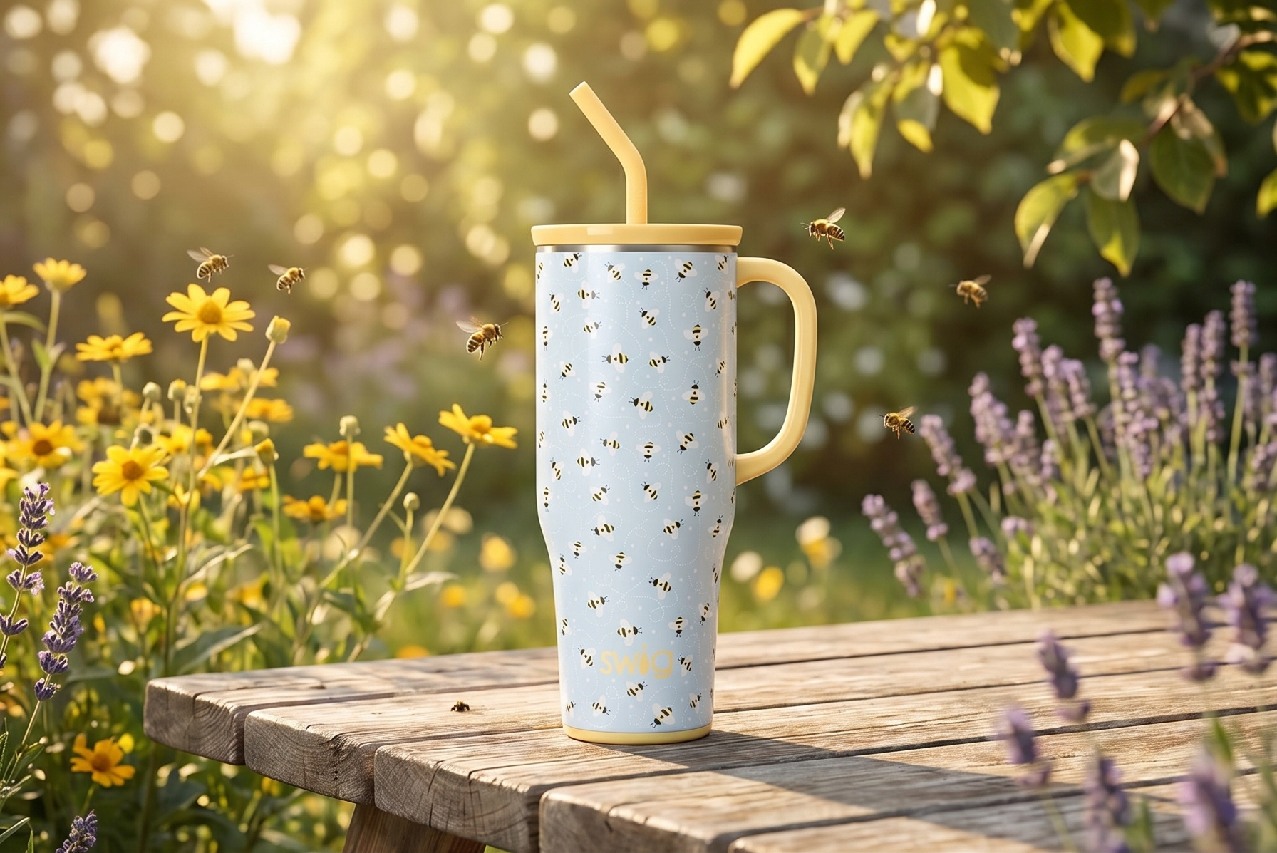 Swig Life 40oz Mega Mug, 40 oz Tumbler with Handle and Straw, Cup Holder Friendly, Dishwasher Safe, Extra Large Insulated Tumbler, Stainless Steel (Busy Bee)