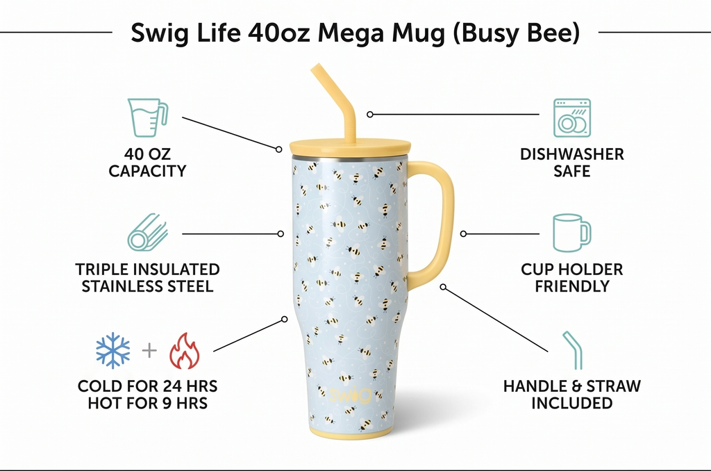 Swig Life 40oz Mega Mug, 40 oz Tumbler with Handle and Straw, Cup Holder Friendly, Dishwasher Safe, Extra Large Insulated Tumbler, Stainless Steel (Busy Bee)