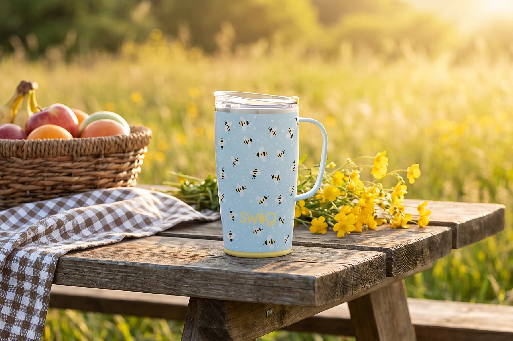 Swig Life 18oz Travel Mug, Insulated Tumbler with Handle and Lid, Cup Holder Friendly, Dishwasher Safe, Stainless Steel, Travel Coffee Cup (Busy Bee)