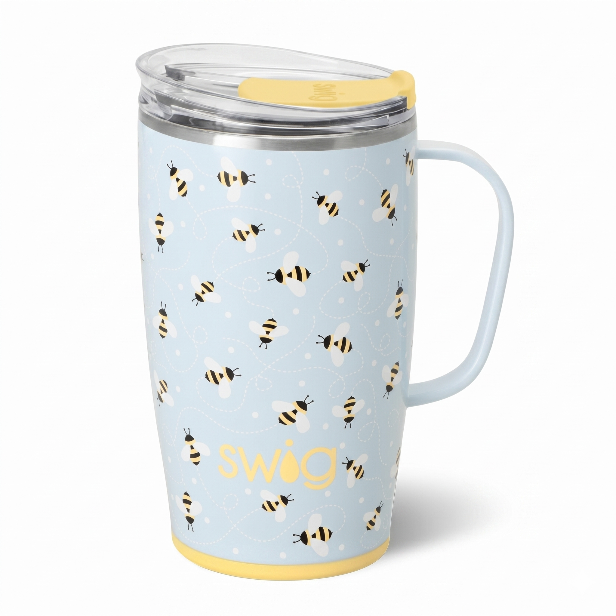 Swig Life 18oz Travel Mug, Insulated Tumbler with Handle and Lid, Cup Holder Friendly, Dishwasher Safe, Stainless Steel, Travel Coffee Cup (Busy Bee)