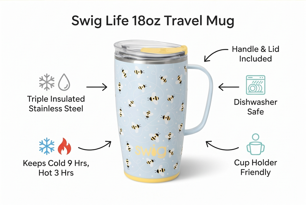 Swig Life 18oz Travel Mug, Insulated Tumbler with Handle and Lid, Cup Holder Friendly, Dishwasher Safe, Stainless Steel, Travel Coffee Cup (Busy Bee)