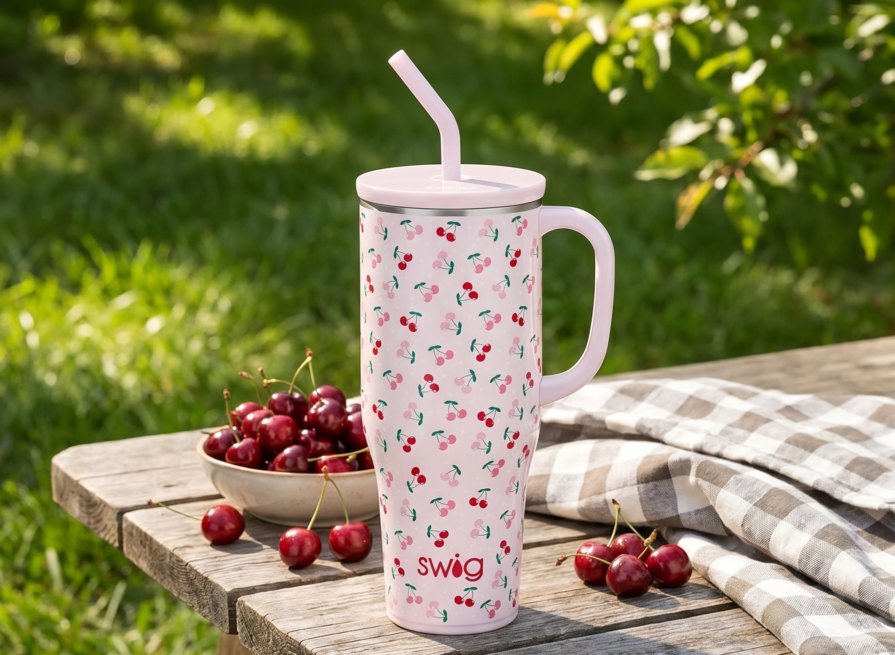 Swig Life 40oz Mega Mug, 40 oz Tumbler with Handle and Straw, Cup Holder Friendly, Dishwasher Safe, Lightweight Extra Large Insulated Tumbler, Stainless Steel (Cherry Pie)