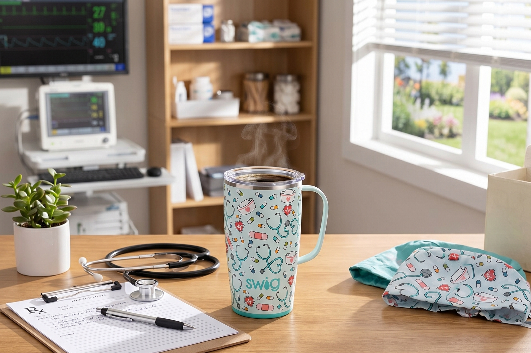 Swig Life 18oz Travel Mug, Insulated Tumbler with Handle and Lid, Cup Holder Friendly, Dishwasher Safe, Stainless Steel, Travel Coffee Cup, Nurse Gifts for Women (Scrub Life)