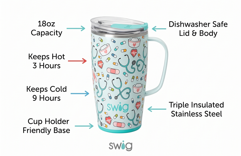 Swig Life 18oz Travel Mug, Insulated Tumbler with Handle and Lid, Cup Holder Friendly, Dishwasher Safe, Stainless Steel, Travel Coffee Cup, Nurse Gifts for Women (Scrub Life)