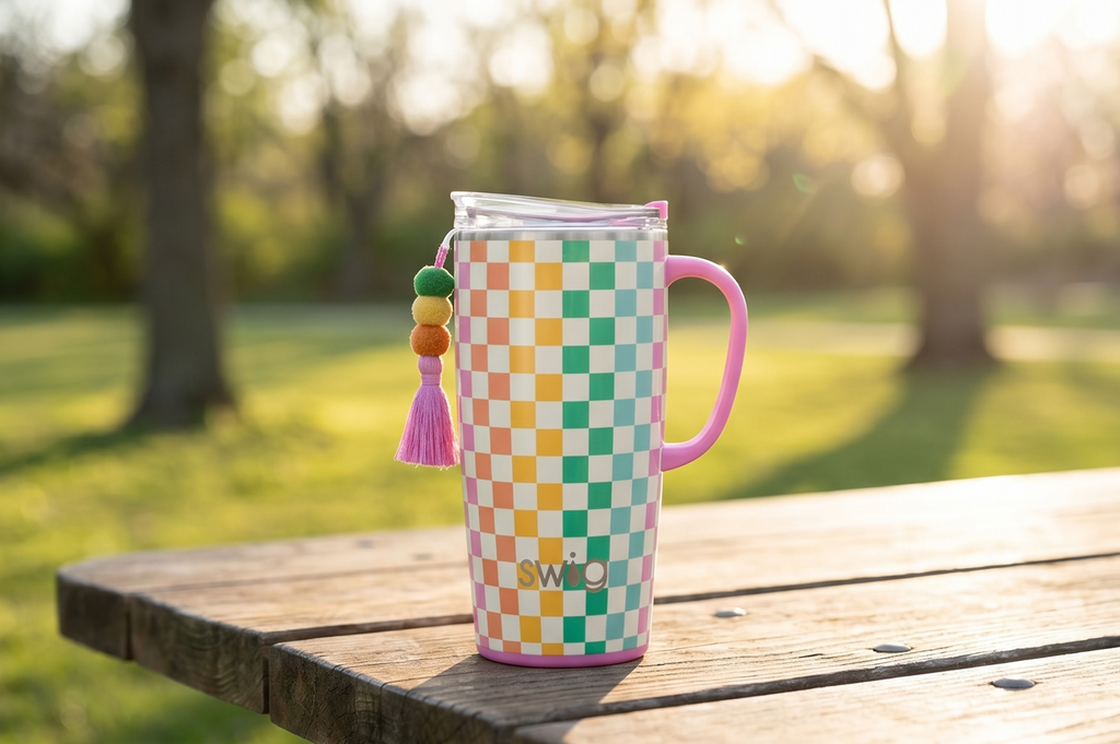 Swig Life 22oz Travel Mug, Insulated Tumbler with Handle and Lid, Cup Holder Friendly, Dishwasher Safe, Stainless Steel, Checkered Tumbler with Handle (Check Mate)