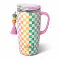 Swig Life 22oz Travel Mug, Insulated Tumbler with Handle and Lid, Cup Holder Friendly, Dishwasher Safe, Stainless Steel, Checkered Tumbler with Handle (Check Mate)