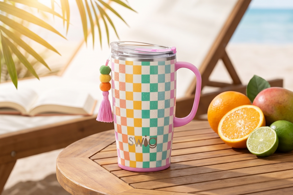 Swig Life 18oz Travel Mug, Insulated Tumbler with Handle and Lid, Cup Holder Friendly, Dishwasher Safe, Stainless Steel, Checkered Tumbler with Handle (Check Mate)
