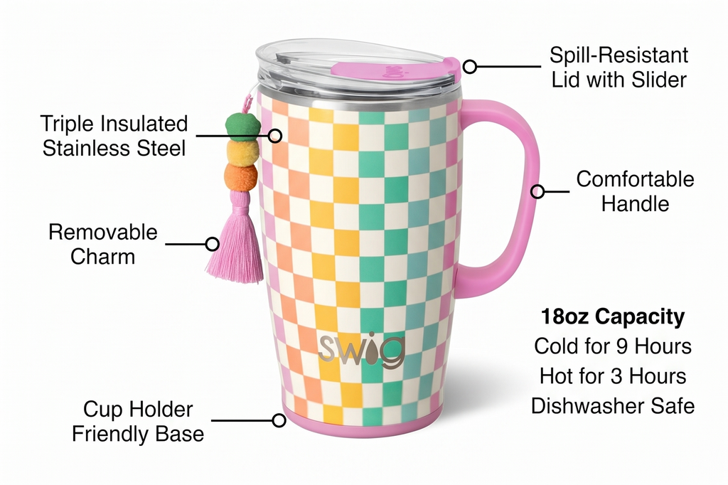Swig Life 18oz Travel Mug, Insulated Tumbler with Handle and Lid, Cup Holder Friendly, Dishwasher Safe, Stainless Steel, Checkered Tumbler with Handle (Check Mate)