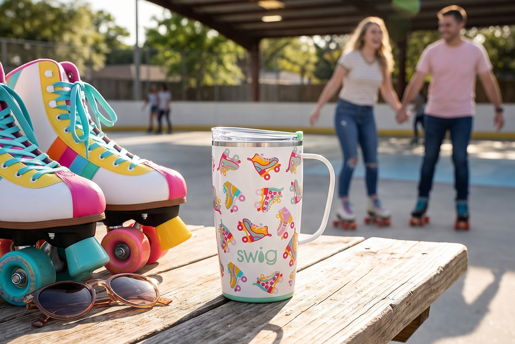 Swig Life 18oz Travel Mug, Insulated Tumbler with Handle and Lid, Cup Holder Friendly, Dishwasher Safe, Stainless Steel, Travel Coffee Cup (Roller Rink)