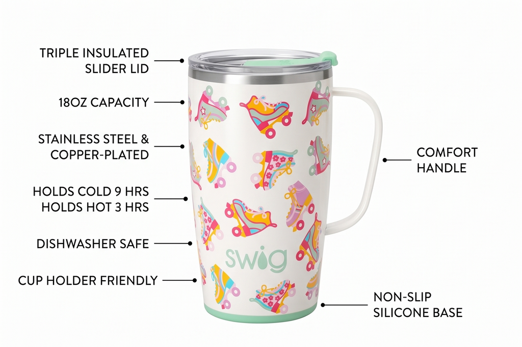 Swig Life 18oz Travel Mug, Insulated Tumbler with Handle and Lid, Cup Holder Friendly, Dishwasher Safe, Stainless Steel, Travel Coffee Cup (Roller Rink)
