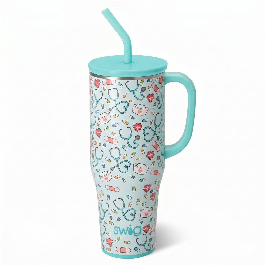 Swig Life 40oz Mega Mug, 40 oz Tumbler with Handle and Straw, Cup Holder Friendly, Dishwasher Safe, Lightweight Extra Large Insulated Tumbler, Nurse Gifts for Women (Scrub Life)