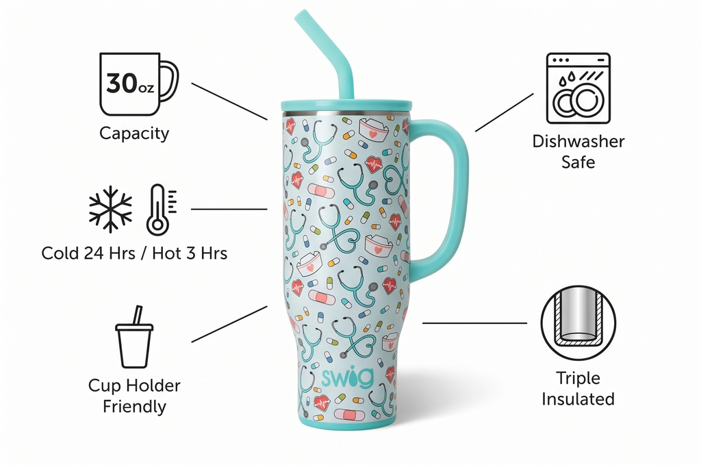 Swig Life 30oz Mega Mug, 30 oz Tumbler with Handle and Straw, Cup Holder Friendly, Dishwasher Safe, Lightweight Extra Large Insulated Tumbler, Nurse Gifts for Women (Scrub Life)