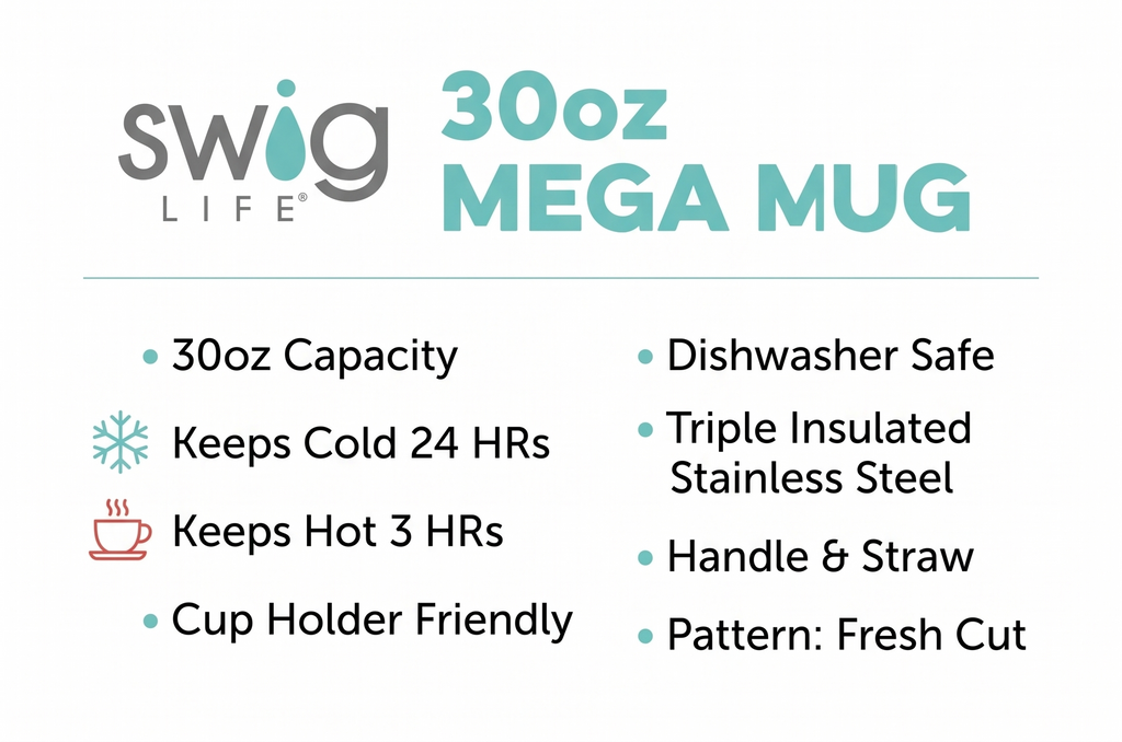 Swig Life 30oz Mega Mug, 30 oz Tumbler with Handle and Straw, Cup Holder Friendly, Dishwasher Safe, Extra Large Insulated Tumbler, Stainless Steel Water Bottle (Fresh Cut)
