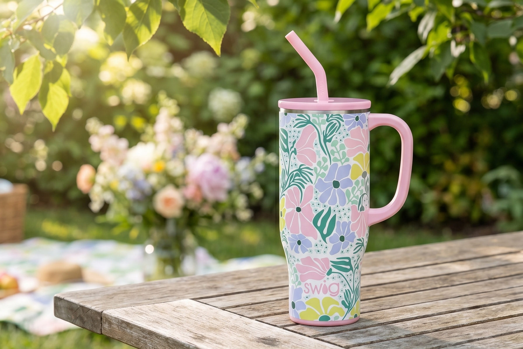 Swig Life 30oz Mega Mug, 30 oz Tumbler with Handle and Straw, Cup Holder Friendly, Dishwasher Safe, Extra Large Insulated Tumbler, Stainless Steel Water Bottle (Garden Party)