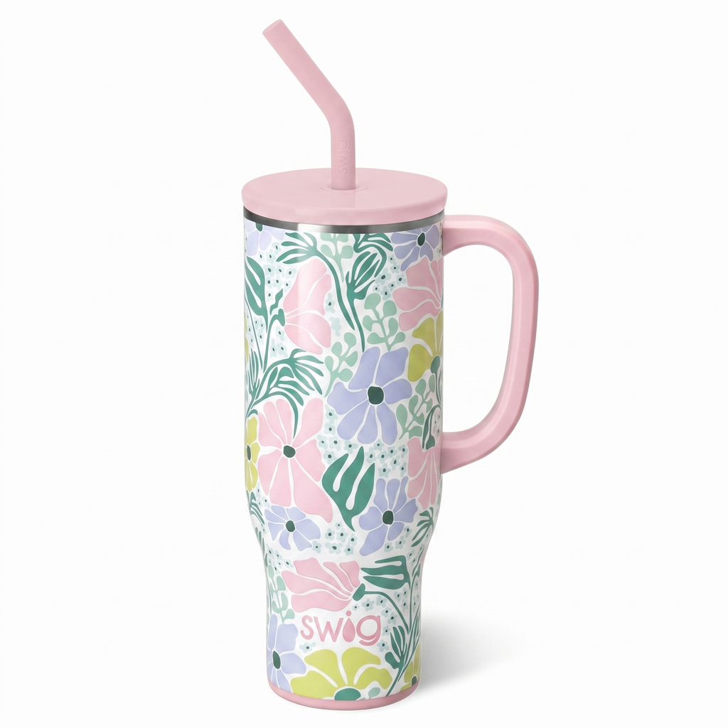 Swig Life 30oz Mega Mug, 30 oz Tumbler with Handle and Straw, Cup Holder Friendly, Dishwasher Safe, Extra Large Insulated Tumbler, Stainless Steel Water Bottle (Garden Party)