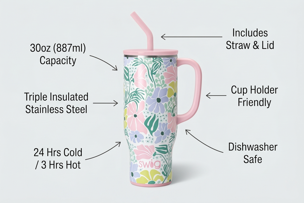 Swig Life 30oz Mega Mug, 30 oz Tumbler with Handle and Straw, Cup Holder Friendly, Dishwasher Safe, Extra Large Insulated Tumbler, Stainless Steel Water Bottle (Garden Party)