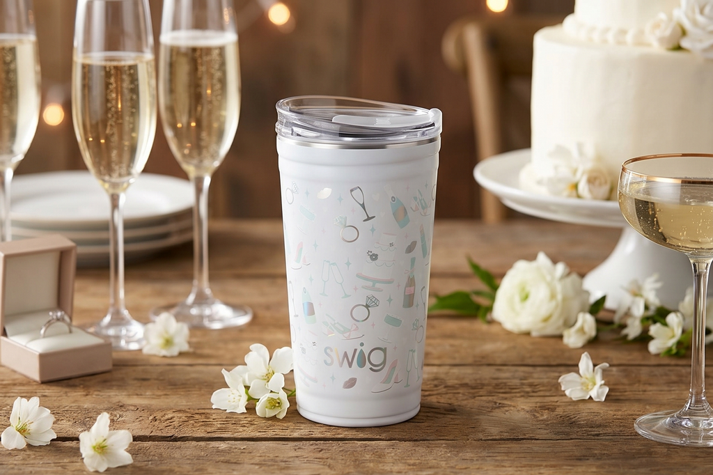 Swig Life 24oz Party Cup, Stackable Insulated Travel Coffee Tumbler with EZ Slider Lid, Cup Holder Friendly, Stainless Steel 24 oz Tumbler, Reusable Coffee Mug (Bride to Be)