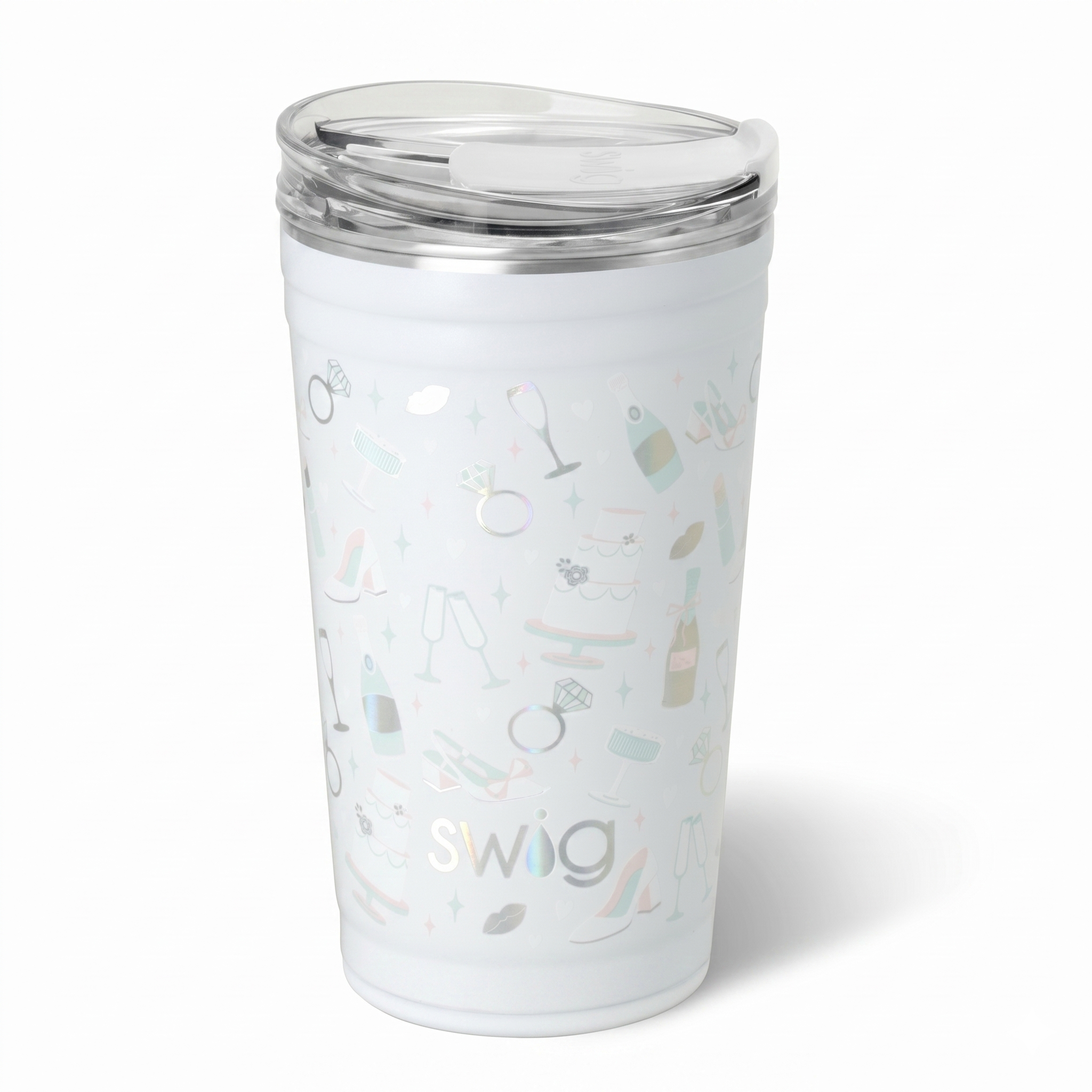 Swig Life 24oz Party Cup, Stackable Insulated Travel Coffee Tumbler with EZ Slider Lid, Cup Holder Friendly, Stainless Steel 24 oz Tumbler, Reusable Coffee Mug (Bride to Be)