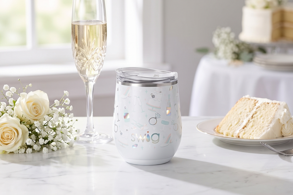 Swig Life 12oz Wine Tumbler with Lid, Stainless Steel, Dishwasher Safe, Portable, Triple Insulated Wine Tumbler (Bride to Be)