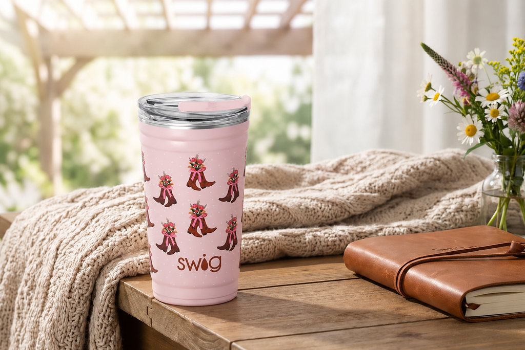 Swig Life 24oz Party Cup, Stackable Insulated Travel Coffee Tumbler with EZ Slider Lid, Cup Holder Friendly, Stainless Steel 24 oz Tumbler, Reusable Coffee Mug (Cowgirl Coquette)