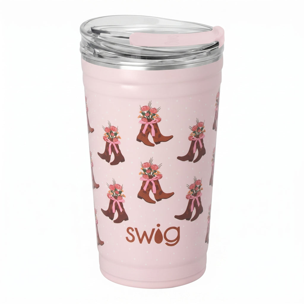 Swig Life 24oz Party Cup, Stackable Insulated Travel Coffee Tumbler with EZ Slider Lid, Cup Holder Friendly, Stainless Steel 24 oz Tumbler, Reusable Coffee Mug (Cowgirl Coquette)