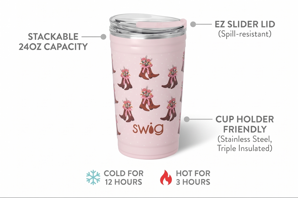 Swig Life 24oz Party Cup, Stackable Insulated Travel Coffee Tumbler with EZ Slider Lid, Cup Holder Friendly, Stainless Steel 24 oz Tumbler, Reusable Coffee Mug (Cowgirl Coquette)