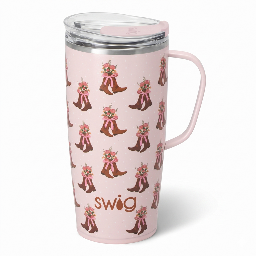 Swig Life 22oz Travel Mug, Insulated Tumbler with Handle and Lid, Travel Coffee Mug, Cup Holder Friendly, Stainless Steel 22 oz Tumbler, Reusable Insulated with Lid (Cowgirl Coquette)