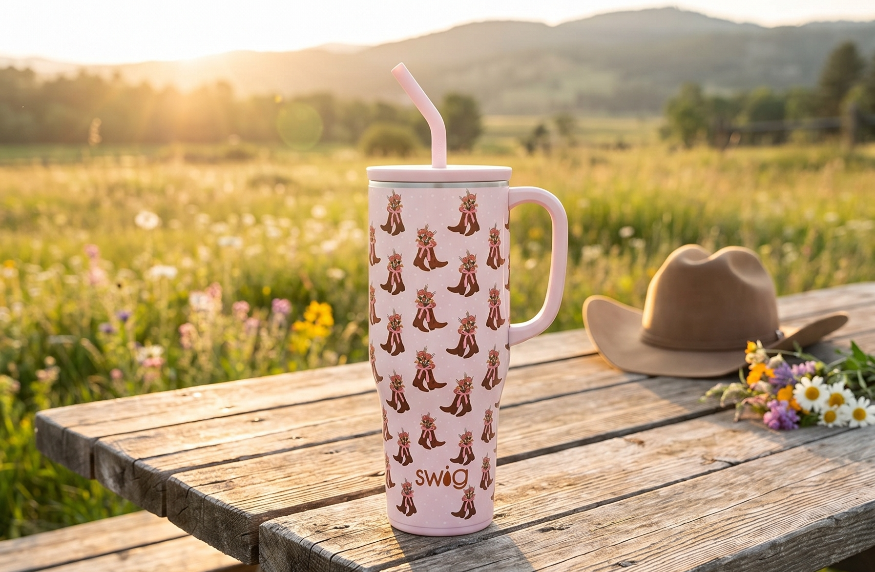 Swig Life 40oz Mega Mug, 40oz Tumbler with Handle and Straw, Extra Large Insulated Tumblers, Cup Holder Friendly Travel Mug (Cowgirl Coquette)