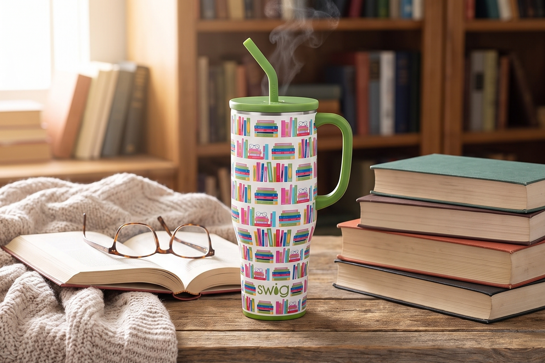Swig Life 40oz Mega Mug, 40oz Teacher Tumbler with Handle and Straw, Extra Large Insulated Tumblers, Cup Holder Friendly Travel Mug, Teacher Gift (Book Club)