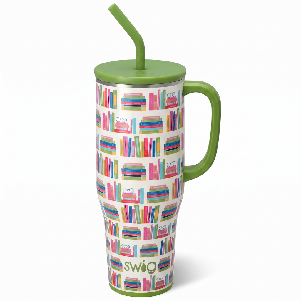 Swig Life 40oz Mega Mug, 40oz Teacher Tumbler with Handle and Straw, Extra Large Insulated Tumblers, Cup Holder Friendly Travel Mug, Teacher Gift (Book Club)