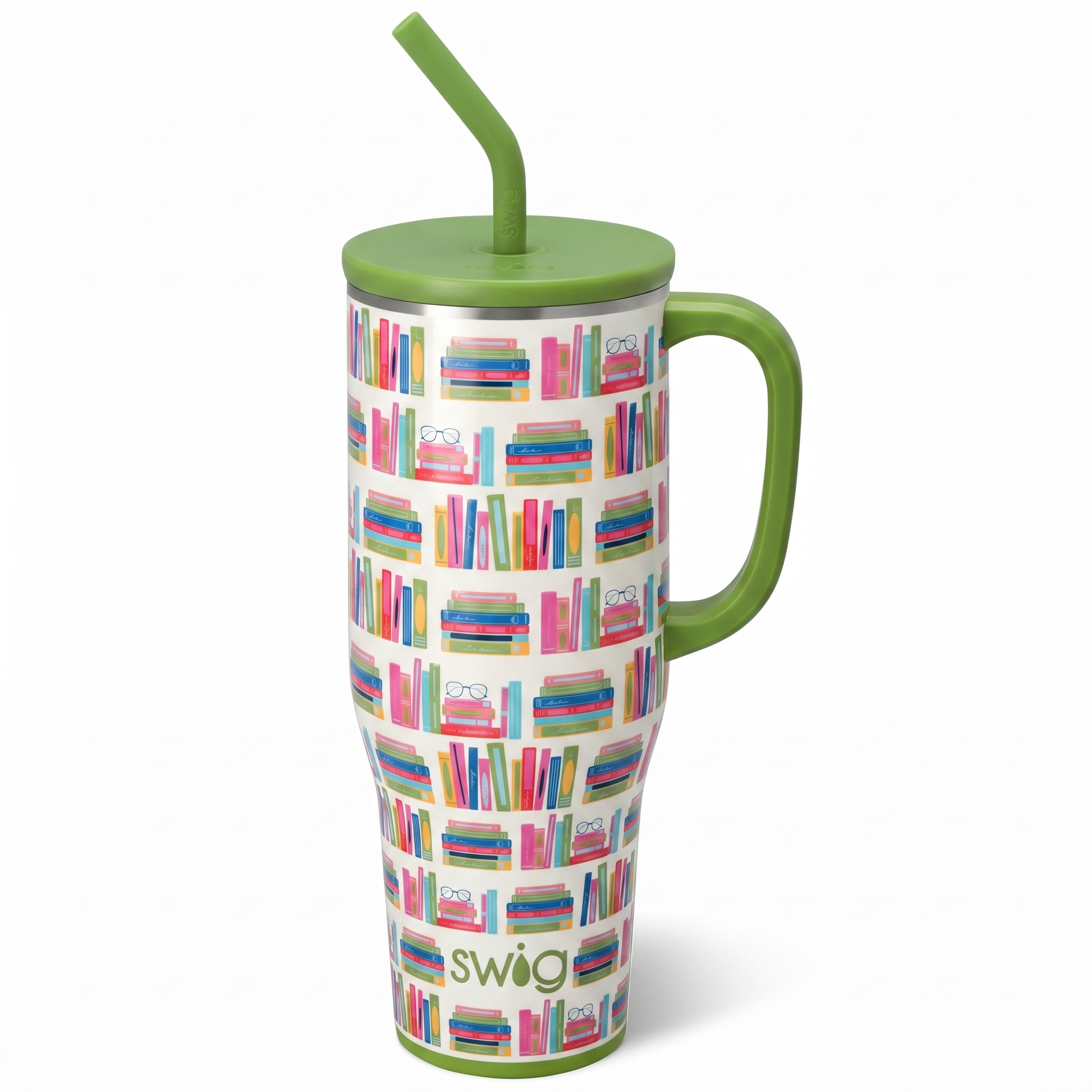 Swig Life 40oz Mega Mug, 40oz Teacher Tumbler with Handle and Straw, Extra Large Insulated Tumblers, Cup Holder Friendly Travel Mug, Teacher Gift (Book Club)