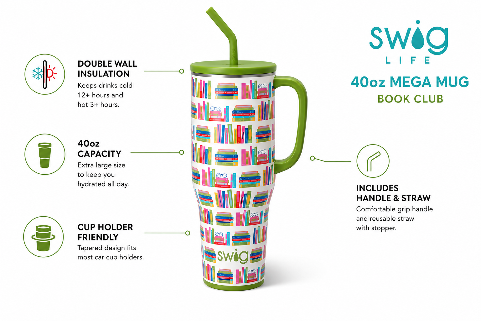Swig Life 40oz Mega Mug, 40oz Teacher Tumbler with Handle and Straw, Extra Large Insulated Tumblers, Cup Holder Friendly Travel Mug, Teacher Gift (Book Club)