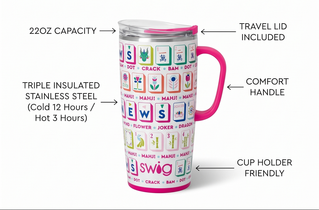 Swig Life 22oz Travel Mug, Insulated Tumbler with Handle and Lid, Travel Coffee Mug, Cup Holder Friendly, Stainless Steel 22 oz Tumbler, Reusable Insulated with Lid (Mahjong)