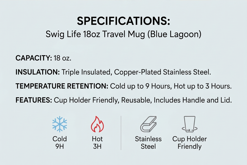 Swig Life 18oz Travel Mug, Insulated Tumbler with Handle and Lid, Travel Coffee Mug, Cup Holder Friendly, Stainless Steel 18 oz Tumbler, Reusable Insulated with Lid (Blue Lagoon)