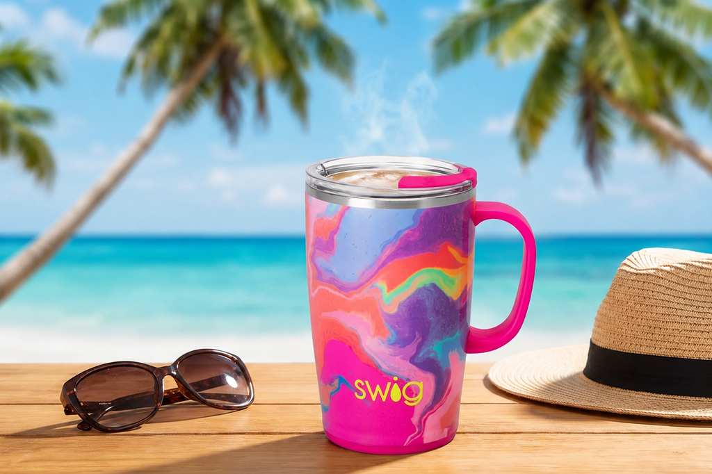 Swig Life 18oz Travel Mug, Insulated Tumbler with Handle and Lid, Travel Coffee Mug, Cup Holder Friendly, Stainless Steel 18 oz Tumbler, Reusable Insulated with Lid (Candy Crush)