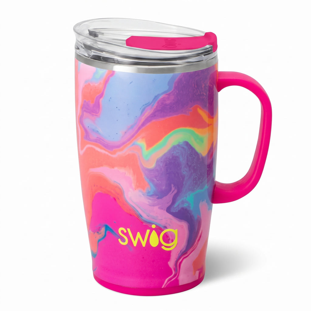 Swig Life 18oz Travel Mug, Insulated Tumbler with Handle and Lid, Travel Coffee Mug, Cup Holder Friendly, Stainless Steel 18 oz Tumbler, Reusable Insulated with Lid (Candy Crush)