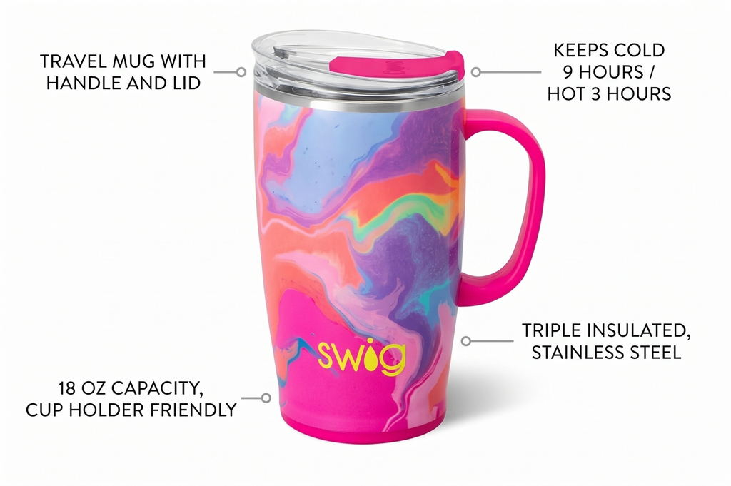 Swig Life 18oz Travel Mug, Insulated Tumbler with Handle and Lid, Travel Coffee Mug, Cup Holder Friendly, Stainless Steel 18 oz Tumbler, Reusable Insulated with Lid (Candy Crush)