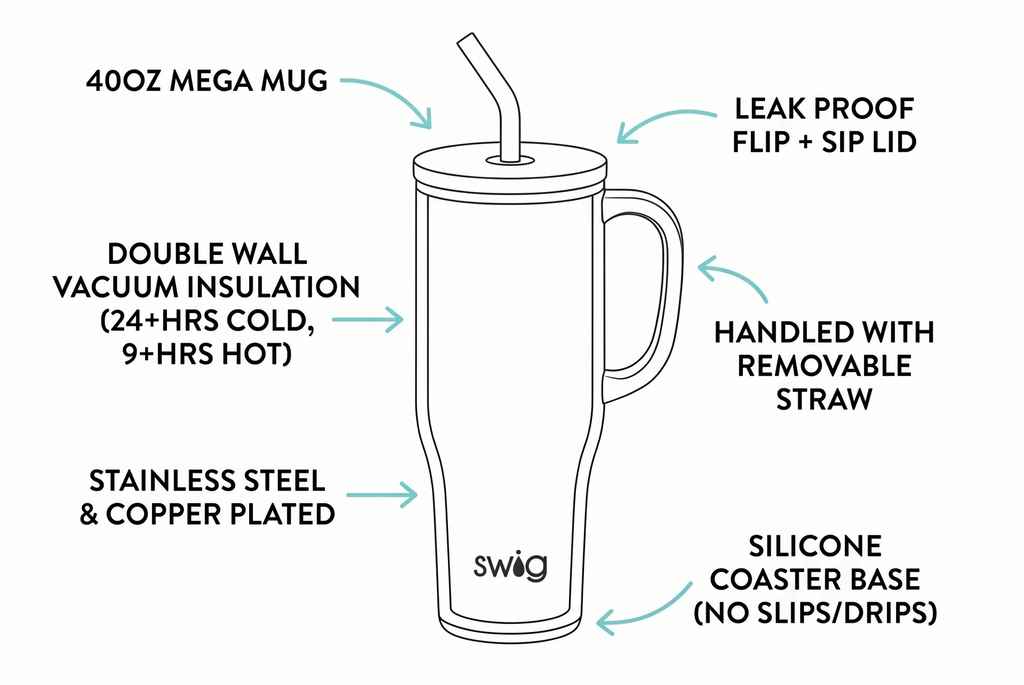 Swig Life 40oz Mega Mug, 40oz Tumbler with Handle and Straw, Extra Large Insulated Tumblers, Cup Holder Friendly Travel Mug (High Tide)