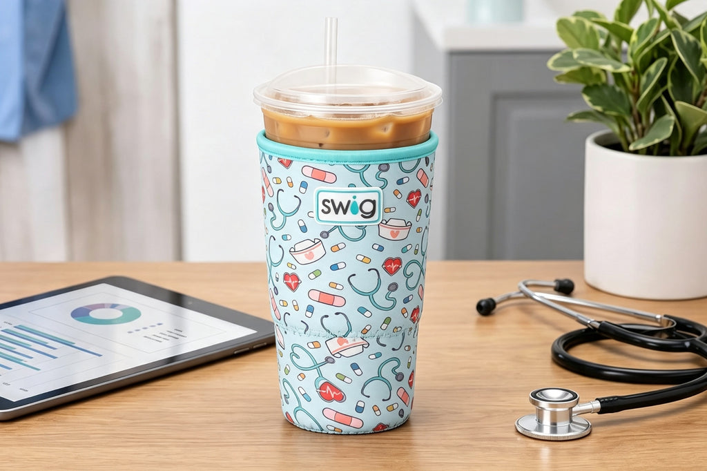 Swig Life Large Iced Cup Coolie, 30-32oz Iced Coffee Cup Insulator Sleeve with Handle, Neoprene Insulated Coolie Keeps Drinks Cold (Scrub Life)