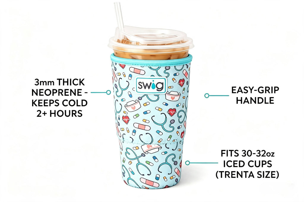 Swig Life Large Iced Cup Coolie, 30-32oz Iced Coffee Cup Insulator Sleeve with Handle, Neoprene Insulated Coolie Keeps Drinks Cold (Scrub Life)