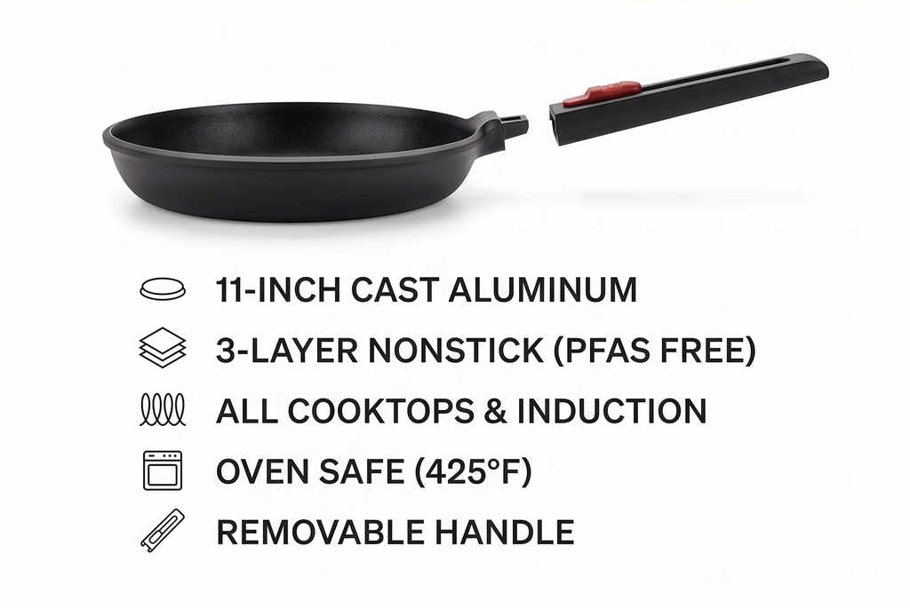 BRA COOKWARE Infinity Nonstick Frying Pan | 11-Inch Cast Aluminum Skillet | PFOA/PFAS Free Fry Pan | Removable Handle | All Cooktops (incl Induction) Searing Skillet | Oven Safe up to 425°F