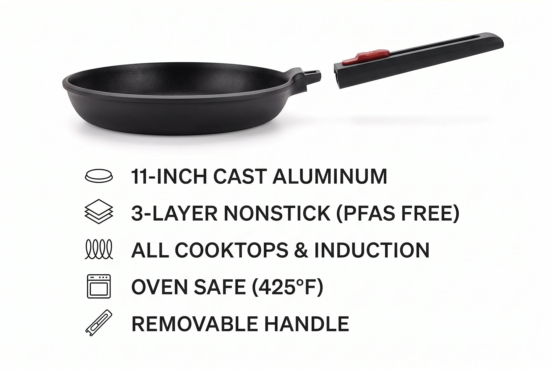 BRA COOKWARE Infinity Nonstick Frying Pan | 11-Inch Cast Aluminum Skillet | PFOA/PFAS Free Fry Pan | Removable Handle | All Cooktops (incl Induction) Searing Skillet | Oven Safe up to 425°F