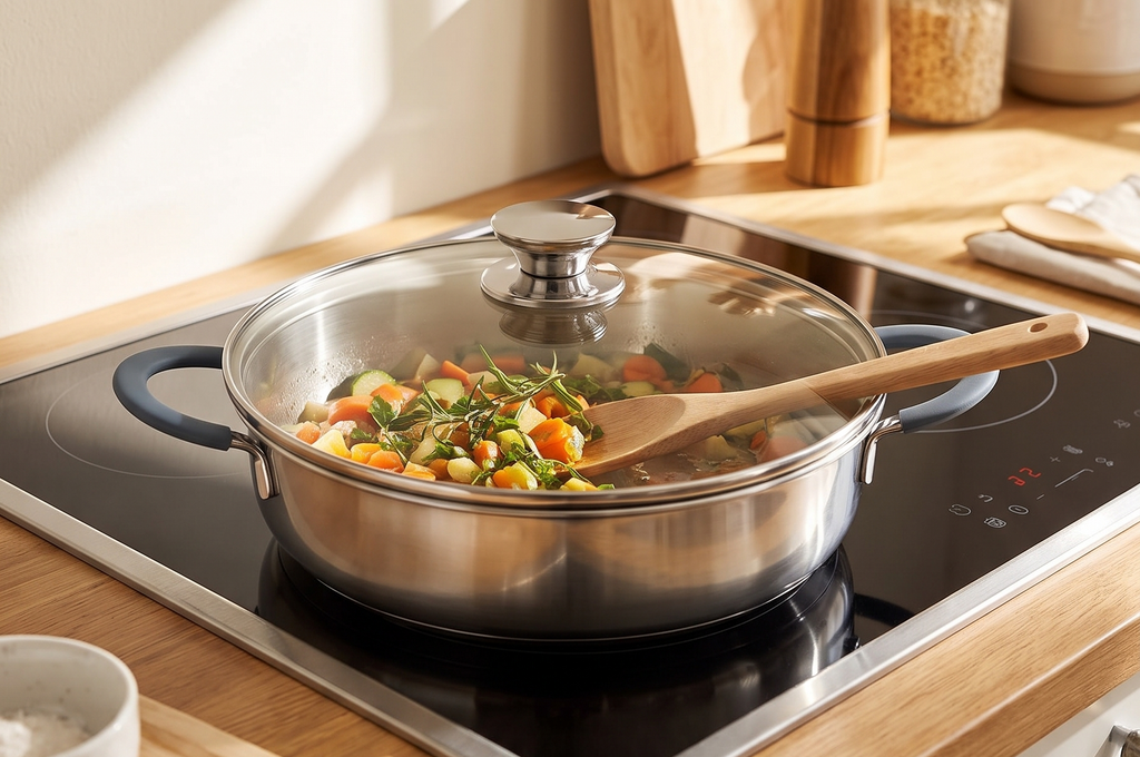 BRA COOKWARE Master Sauté Pan w/Glass Lid | 10.2 inches - 2,6 quarts Professional Deep Pan | Stainless Steel Sauté Pan | All Stovetop Compatible - Full Induction | PFAS Free | Shiny Finish