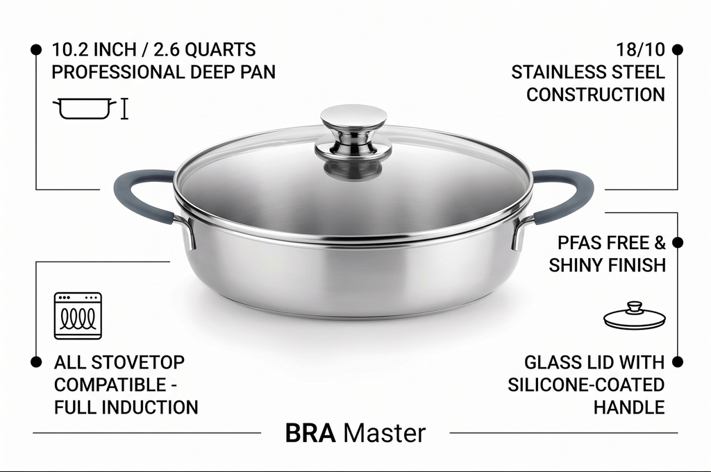BRA COOKWARE Master Sauté Pan w/Glass Lid | 10.2 inches - 2,6 quarts Professional Deep Pan | Stainless Steel Sauté Pan | All Stovetop Compatible - Full Induction | PFAS Free | Shiny Finish