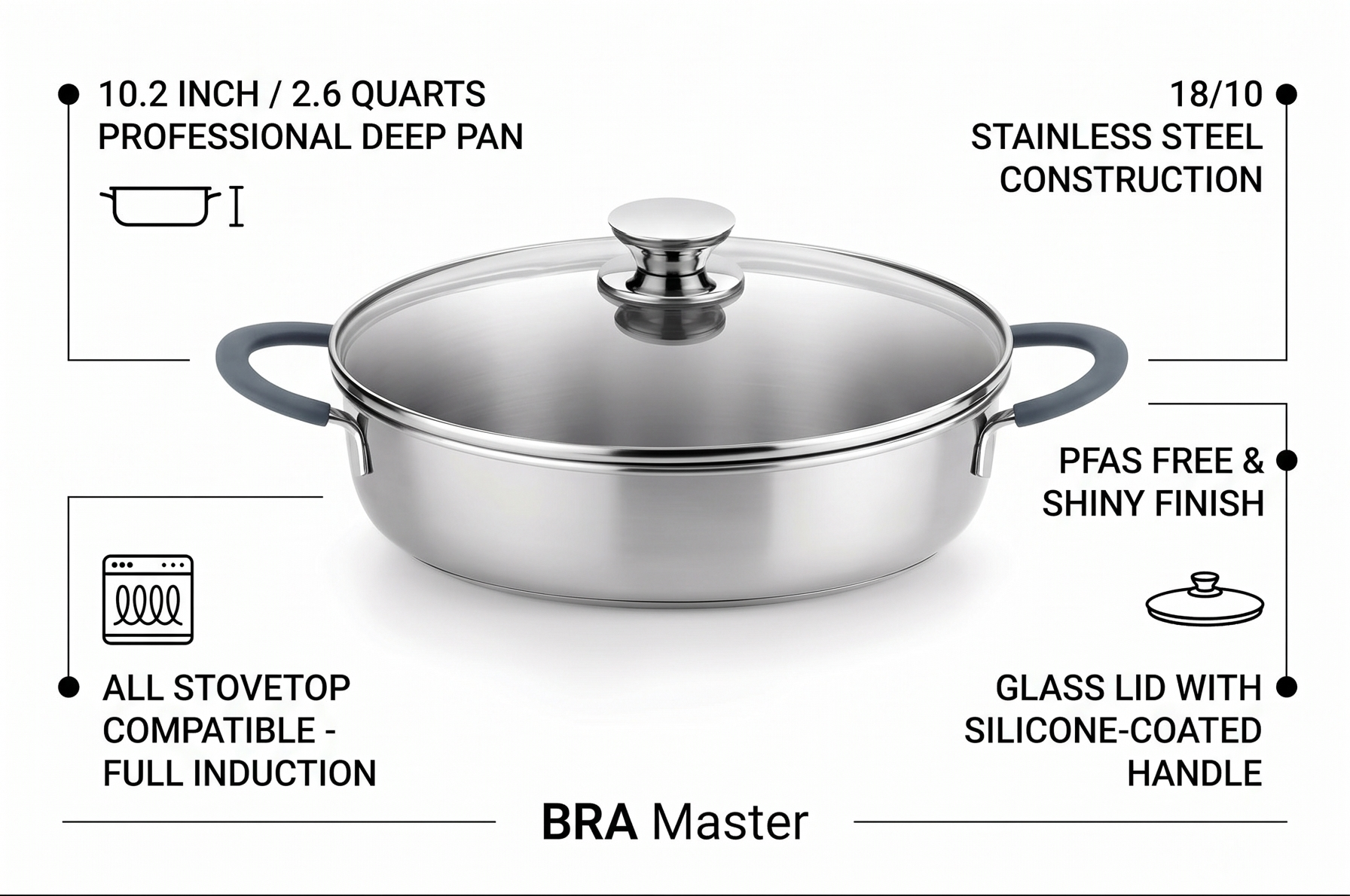 BRA COOKWARE Master Sauté Pan w/Glass Lid | 10.2 inches - 2,6 quarts Professional Deep Pan | Stainless Steel Sauté Pan | All Stovetop Compatible - Full Induction | PFAS Free | Shiny Finish