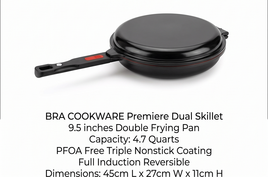 BRA COOKWARE Premiere Dual Skillet | 9.5 inches Double Frying Pan for Frittatas & Spanish Omelets | PFOA Free Triple Nonstick Coating | Full Induction Reversible Pan | Cast Aluminum Flip Skillet