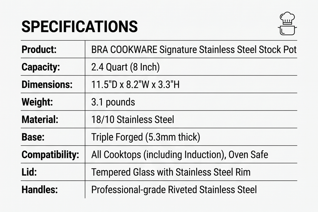 BRA COOKWARE Signature Stainless Steel Stock Pot w/Glass Lid | 8 Inch 2.4 Quart Professional Grade Cooking Pot | PFOA Free Deep Pot | All Cooktops | All Cooktops (incl. Induction) & Oven Safe