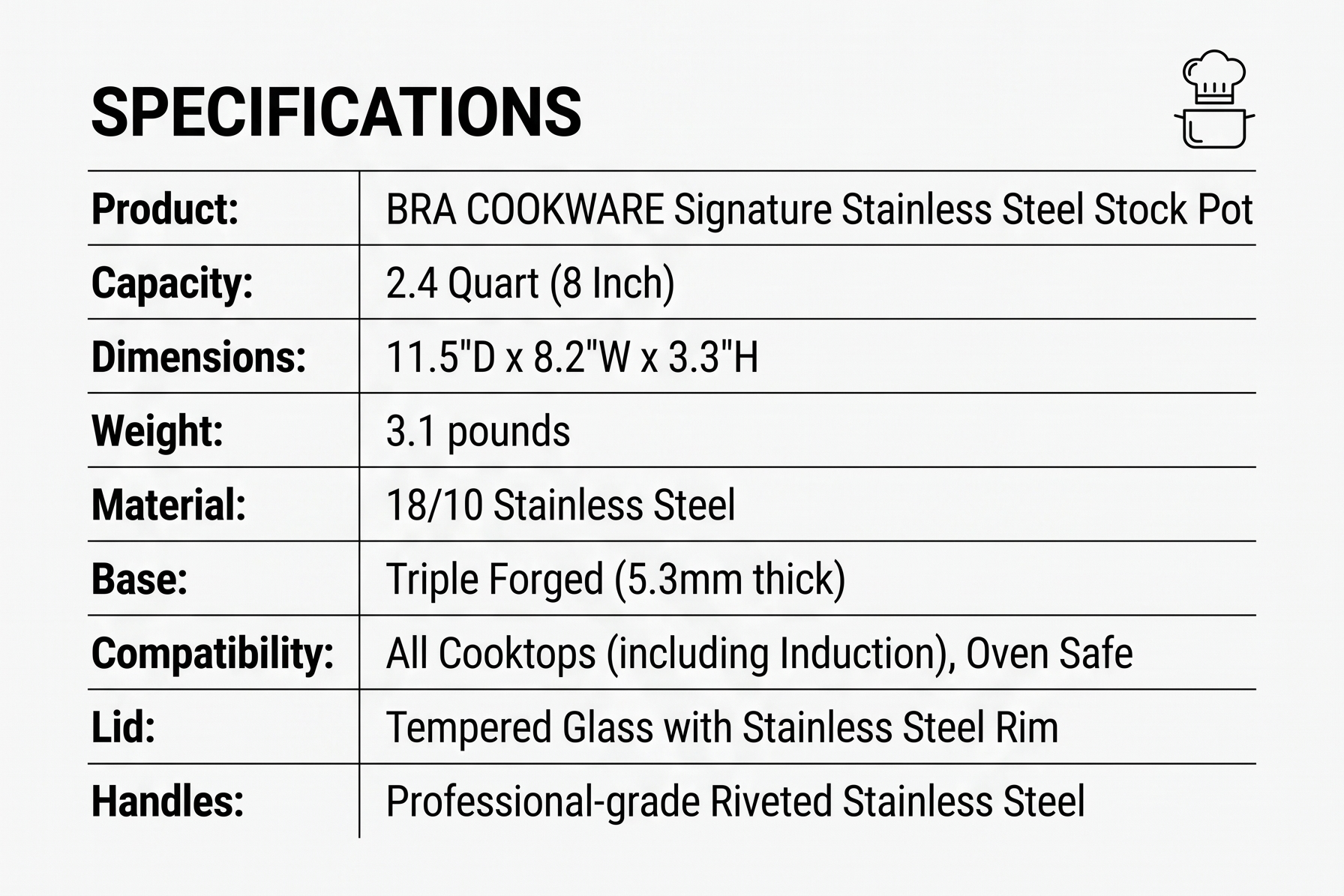BRA COOKWARE Signature Stainless Steel Stock Pot w/Glass Lid | 8 Inch 2.4 Quart Professional Grade Cooking Pot | PFOA Free Deep Pot | All Cooktops | All Cooktops (incl. Induction) & Oven Safe